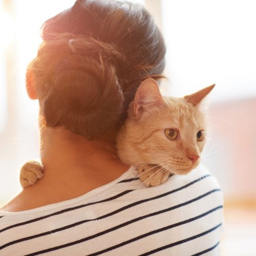 a female holding a cat on her shoulder